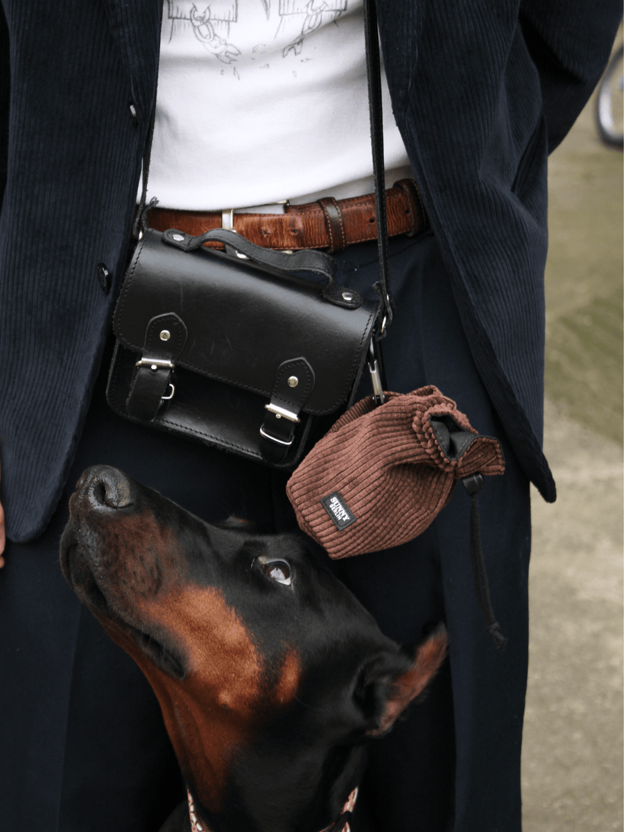 Detailansicht von Dobermann sitzend vor Model mit schwarzer Tasche. An der Tasche ist ein brauner Leckerlibeutel aus Cord von SUNNY BERLIN befestigt