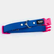 Veganes Hundehalsband in dunkelblau mit  Kunststoffschließe in neonpink und silbernen Metallteilen von SUNNY BERLIN