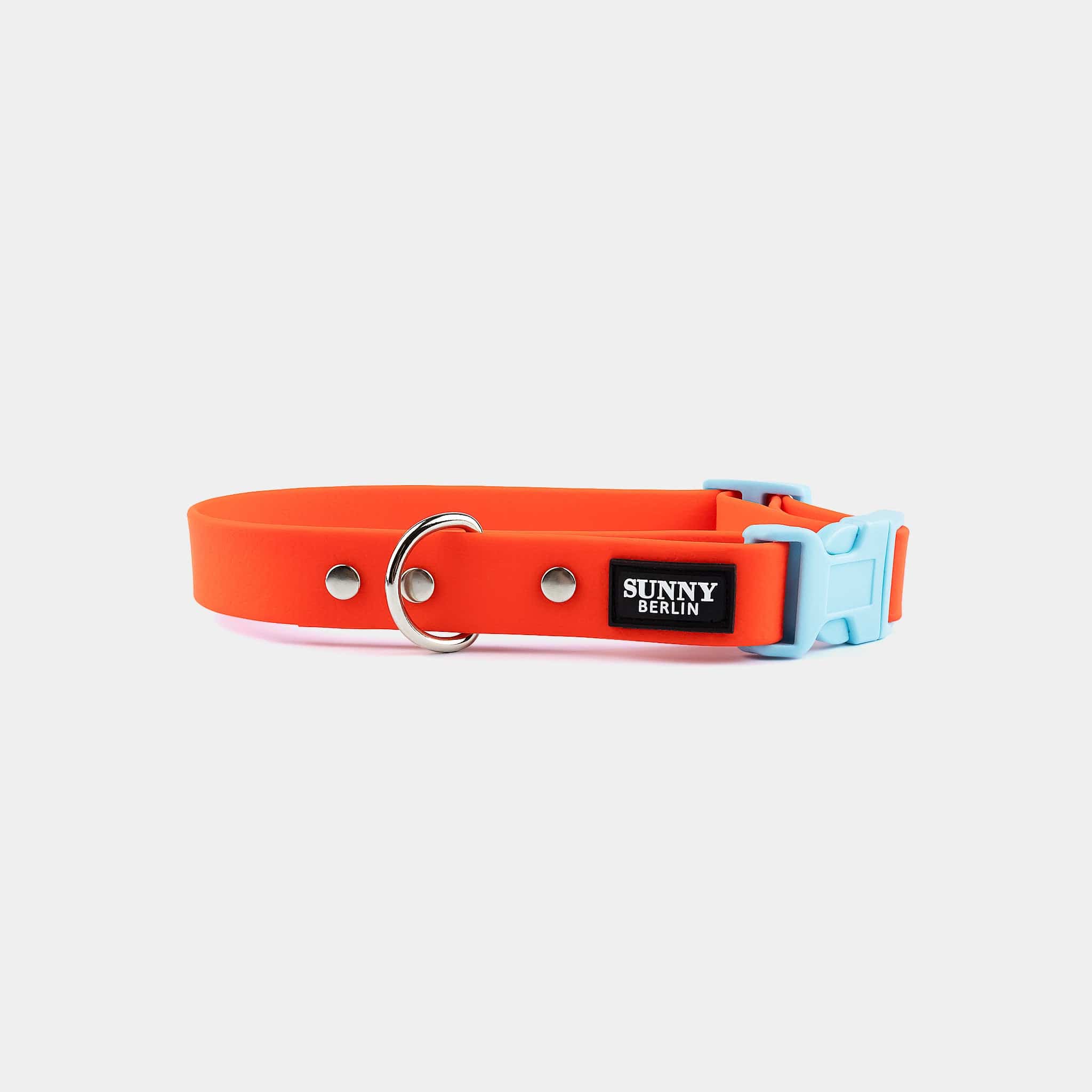 Veganes Hundehalsband in orange mit hellblauer Kunststoffschließe und silbernen Metallteilen von SUNNY BERLIN