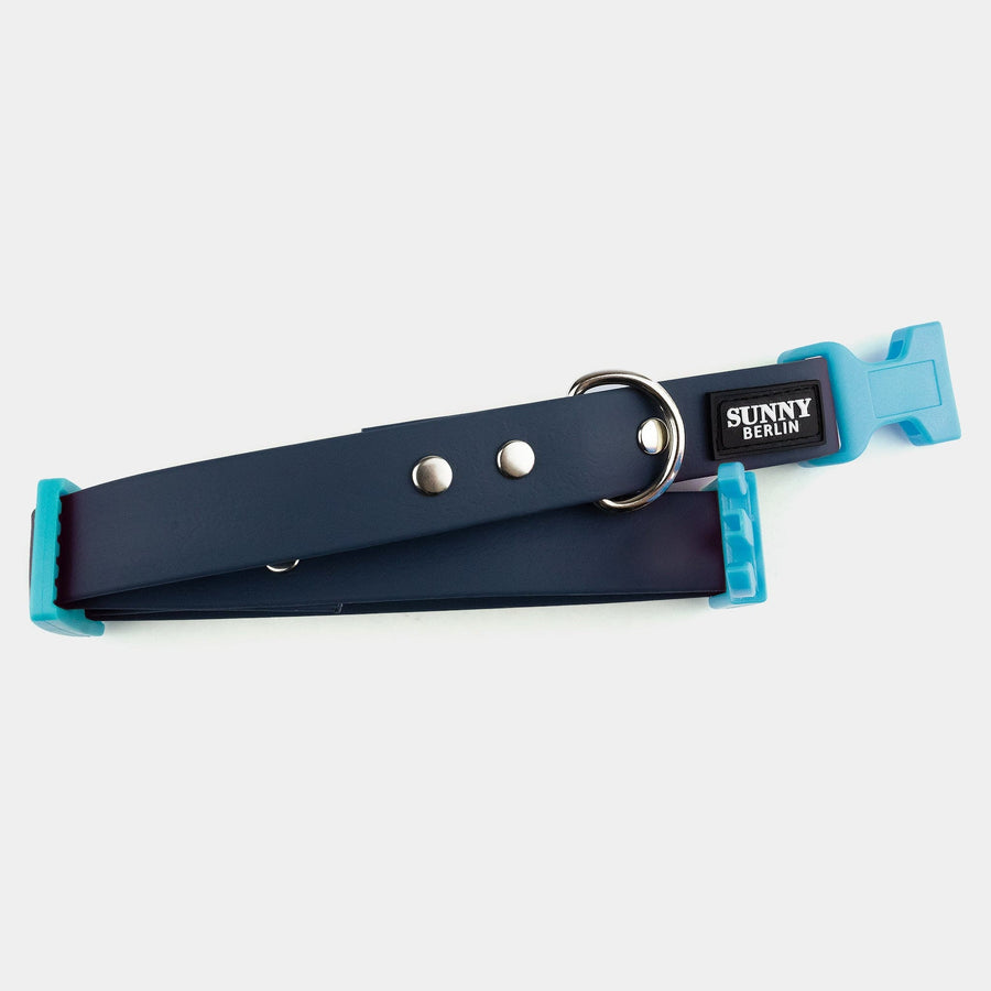 Veganes Hundehalsband in Anthrazit mit hellblauer Kunststoffschließe und silbernen Metallteilen von SUNNY BERLIN