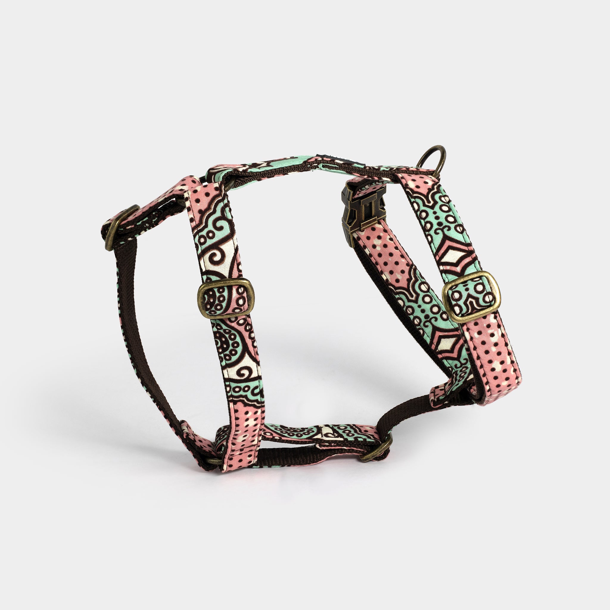 Hundegeschirr mit afrikanischem Muster in braun, rosa und weiss von Sunny Berlin. Metallteile im Vintage Look