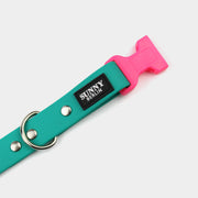Kunststoffschließe in neonpink an veganem Hundehalsband in petrol mit silbernen Metallteilen von SUNNY BERLIN