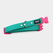 Veganes Hundehalsband in petrol mit  Kunststoffschließe in neonpink und silbernen Metallteilen von SUNNY BERLIN