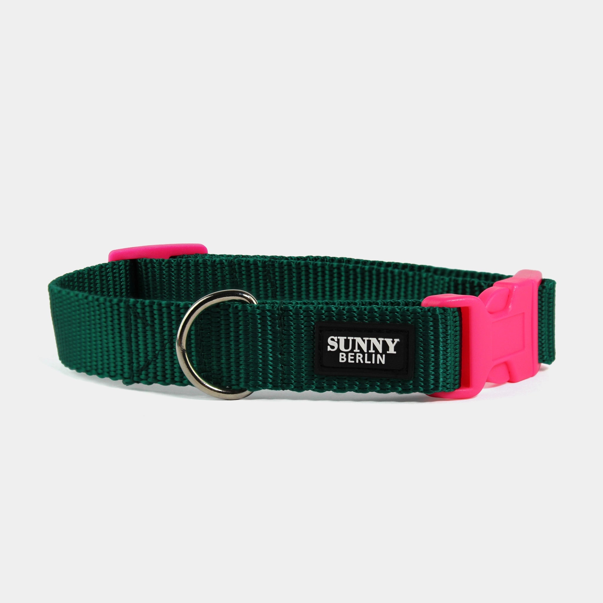 Grünes Hundehalsband aus Gurtband mit Klickverschluss in Neonpink – SUNNY BERLIN