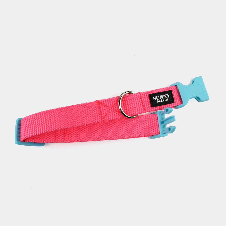 Seitenansicht: Pinkfarbenes Hundehalsband aus Gurtband mit Klickverschluss in Hellblau – SUNNY BERLIN