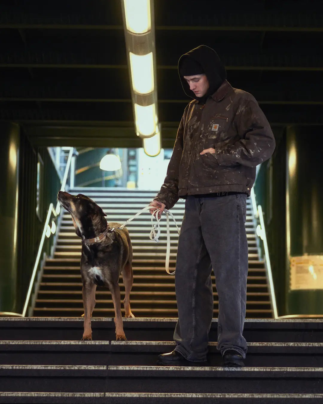 Mann führt einen Hund mit Halsband und Leine in einer städtischen Unterführung