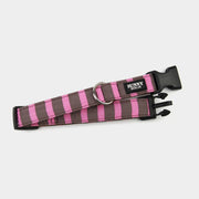Hundehalsband aus Gurtband und Stoff in braun mit Streifen in rosa und braun von Sunny Berlin. Schließe aus Kunststoff in schwarz. D-Ring in silber