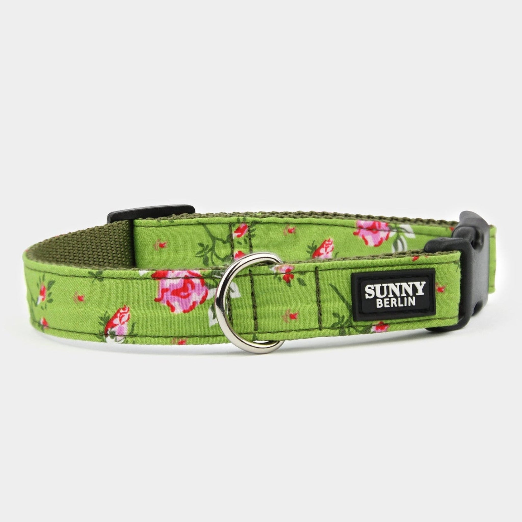 Grünes Hundehalsband mit Blümchen Muster in rot und rosa – SUNNY BERLIN 